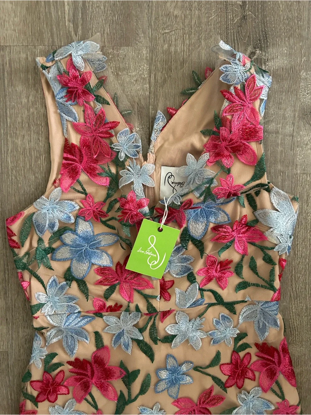 Sam Edelman Vibrant Floral Pink and Light Blue Embroidered Dress Overlay - Picture 3 of 5